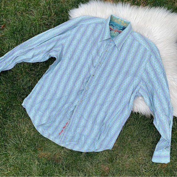 Robert Graham blue Plaid stripe button down Shirt Script Cuff 2XL - Picture 5 of 8